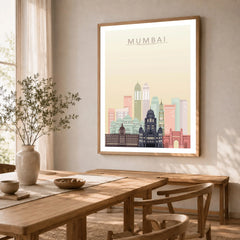 Mumbai city skyline art print in a natural wood frame in a dining room