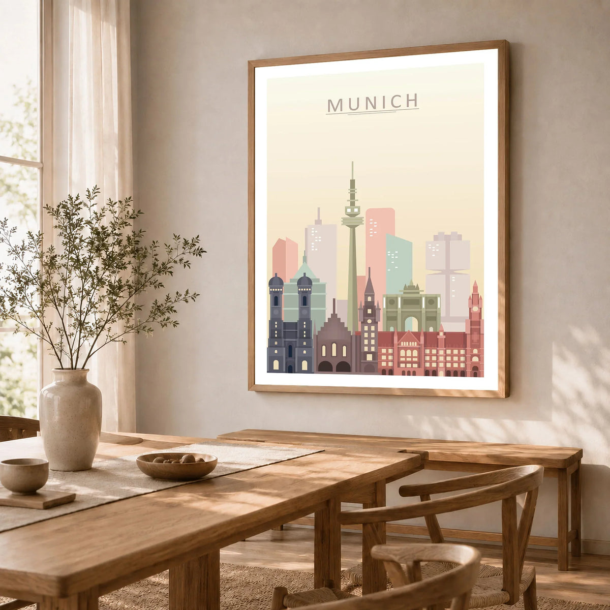 Munich city skyline art print in a natural wood frame in a dining room