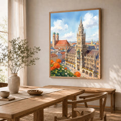 Munich New Town Hall and Frauenkirche watercolour art print in a natural wood frame in a dining room