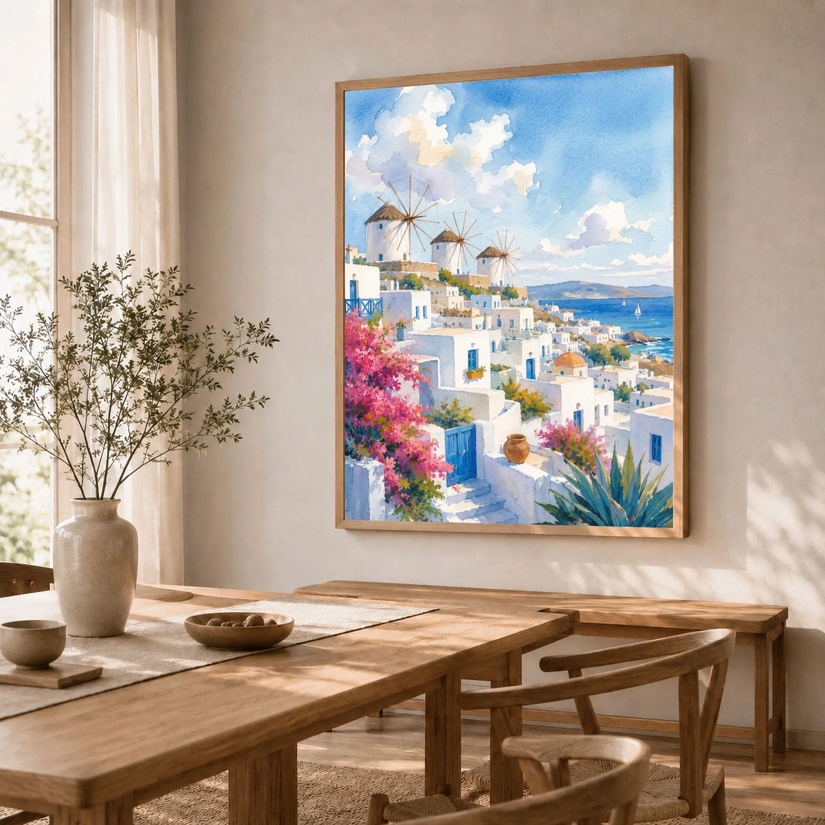 Mykonos windmills and white houses watercolour art print in a natural wood frame in a dining room