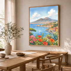 Naples Bay of Naples and Vesuvius watercolour art print in a natural wood frame in a dining room