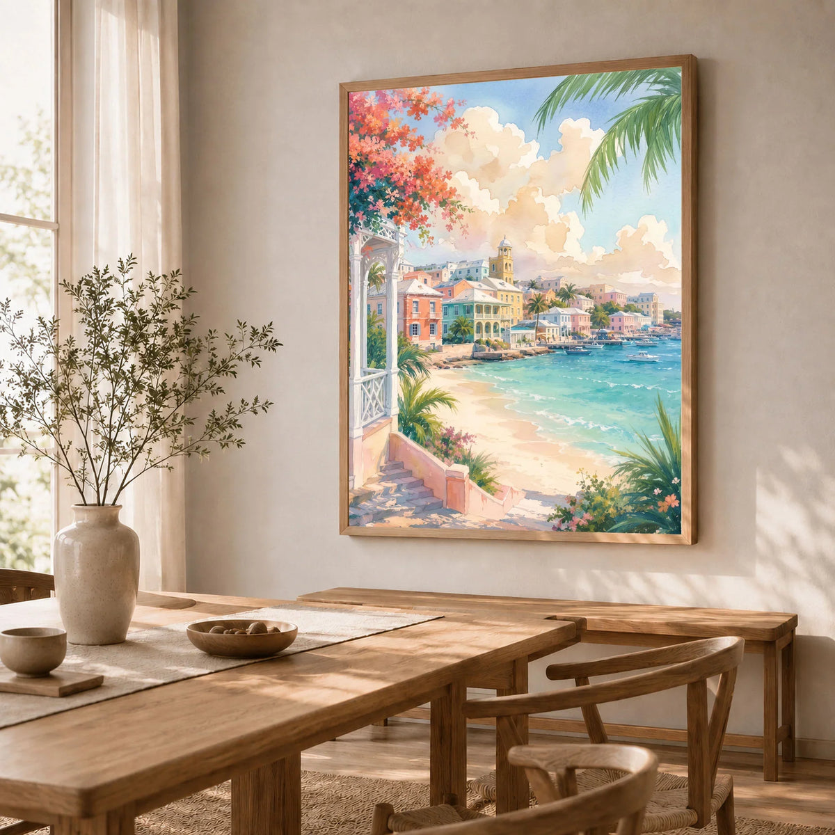 Nassau pastel waterfront and beach watercolour art print in a natural wood frame in a dining room