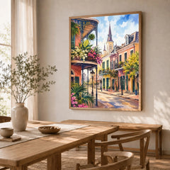 New Orleans French Quarter balconies watercolour art print in a natural wood frame in a dining room