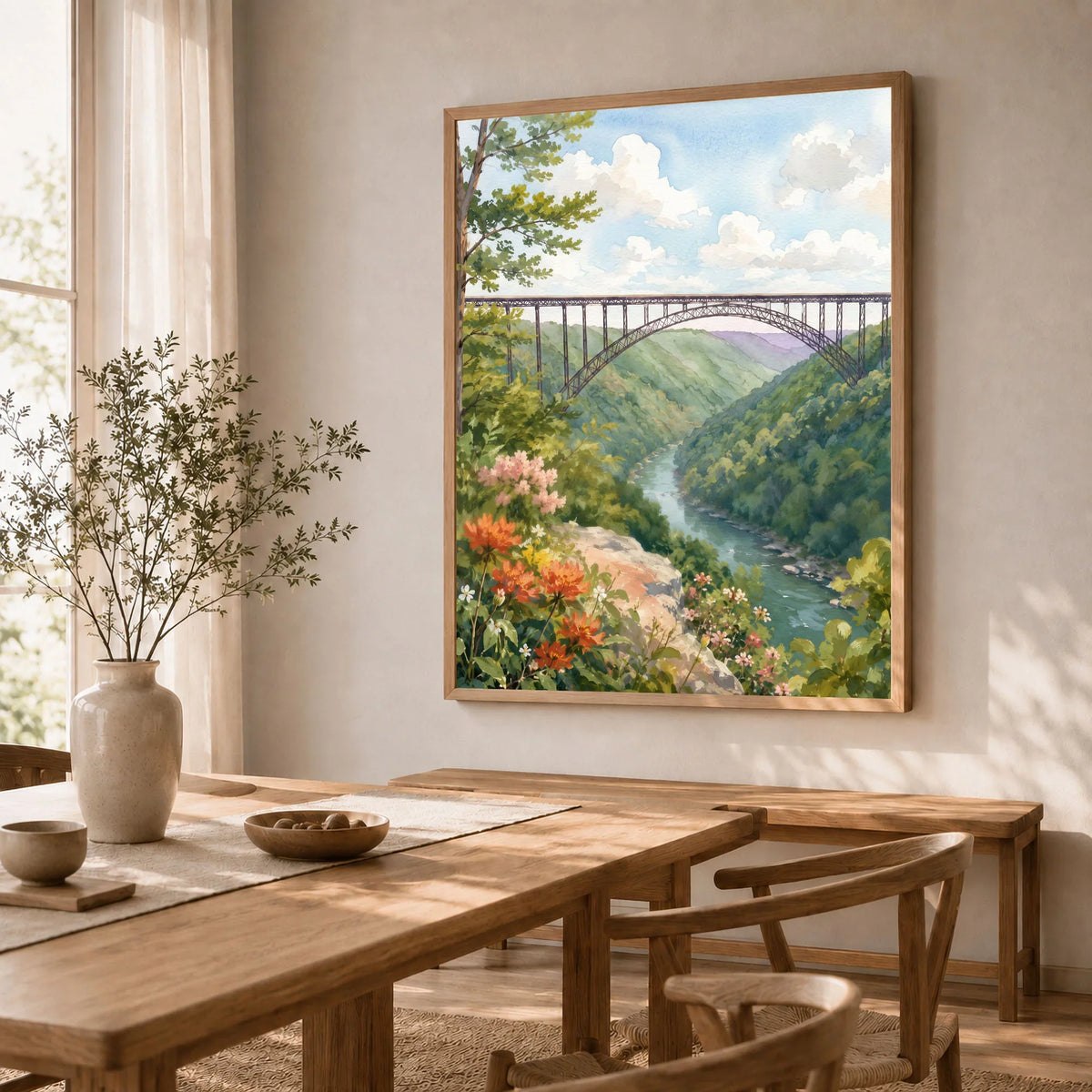New River Gorge National Park New River Gorge Bridge watercolour art print in a natural wood frame in a dining room