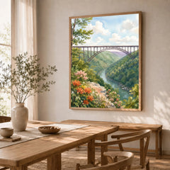 New River Gorge National Park New River Gorge Bridge watercolour art print in a natural wood frame in a dining room