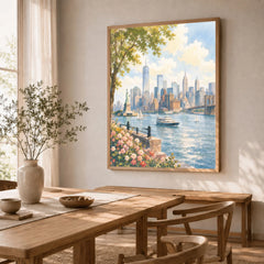 New York Statue of Liberty and Manhattan skyline watercolour art print in a natural wood frame in a dining room