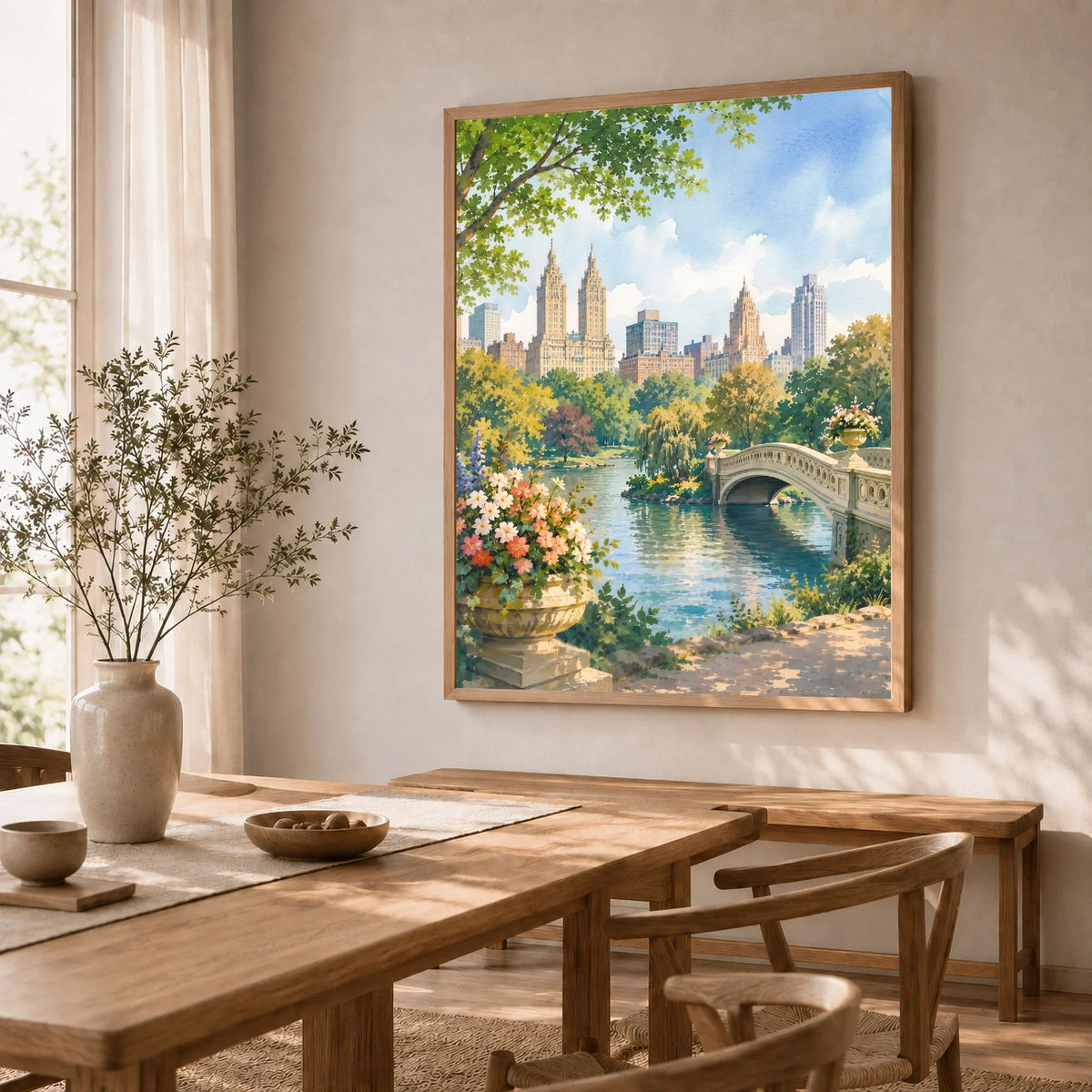 New York Central Park Bow Bridge watercolour art print in a natural wood frame in a dining room