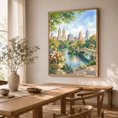New York Central Park Bow Bridge watercolour art print in a natural wood frame in a dining room