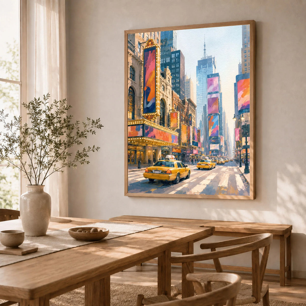 New York Times Square and yellow cabs watercolour art print in a natural wood frame in a dining room