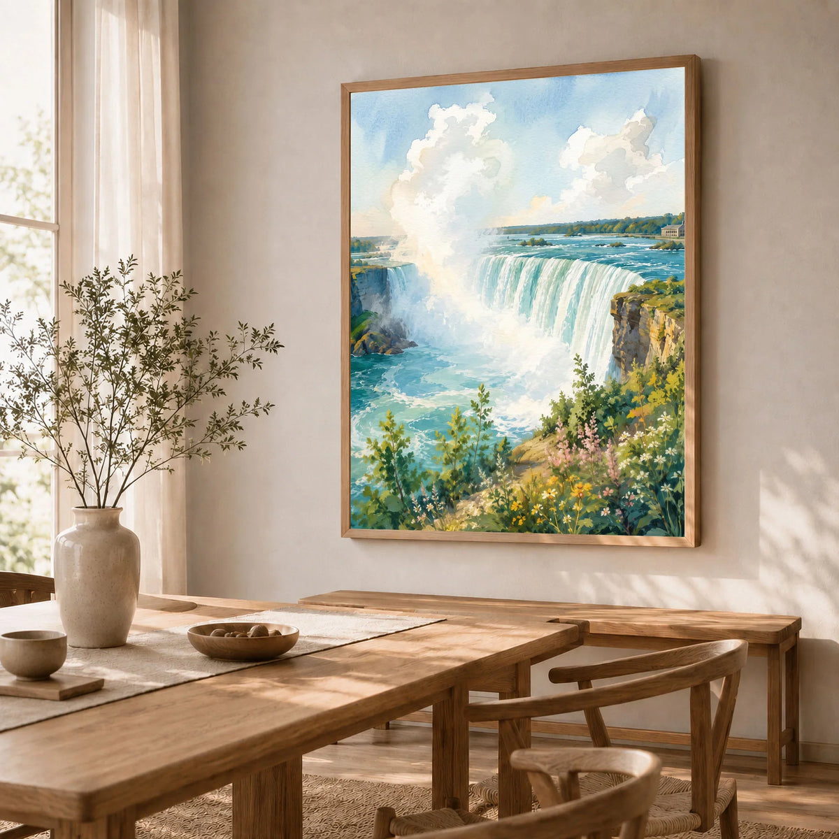 Niagara Falls State Park Horseshoe Falls watercolour art print in a natural wood frame in a dining room