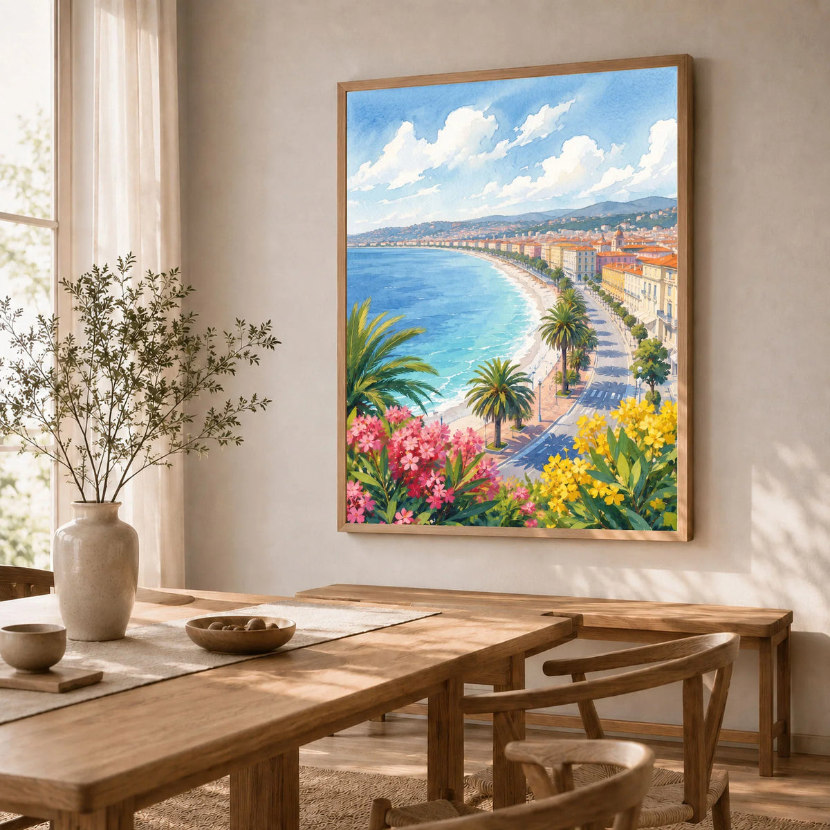 Nice Baie des Anges and promenade watercolour art print in a natural wood frame in a dining room