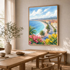 Nice Baie des Anges and promenade watercolour art print in a natural wood frame in a dining room