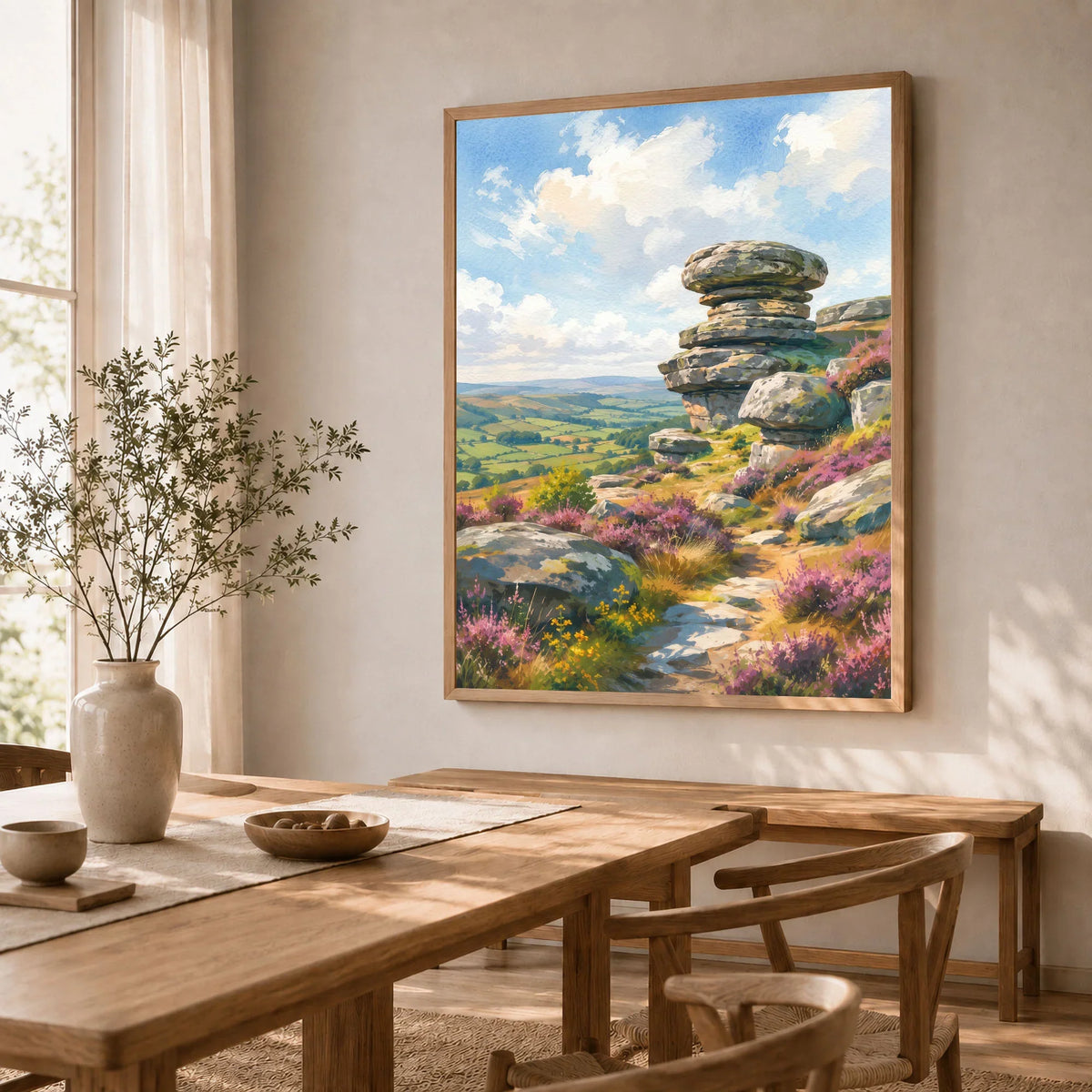 Nidderdale Brimham Rocks watercolour art print in a natural wood frame in a dining room