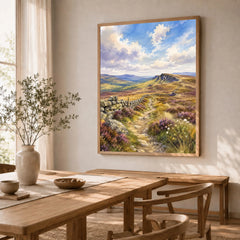North Pennines moorland path and stone wall watercolour art print in a natural wood frame in a dining room