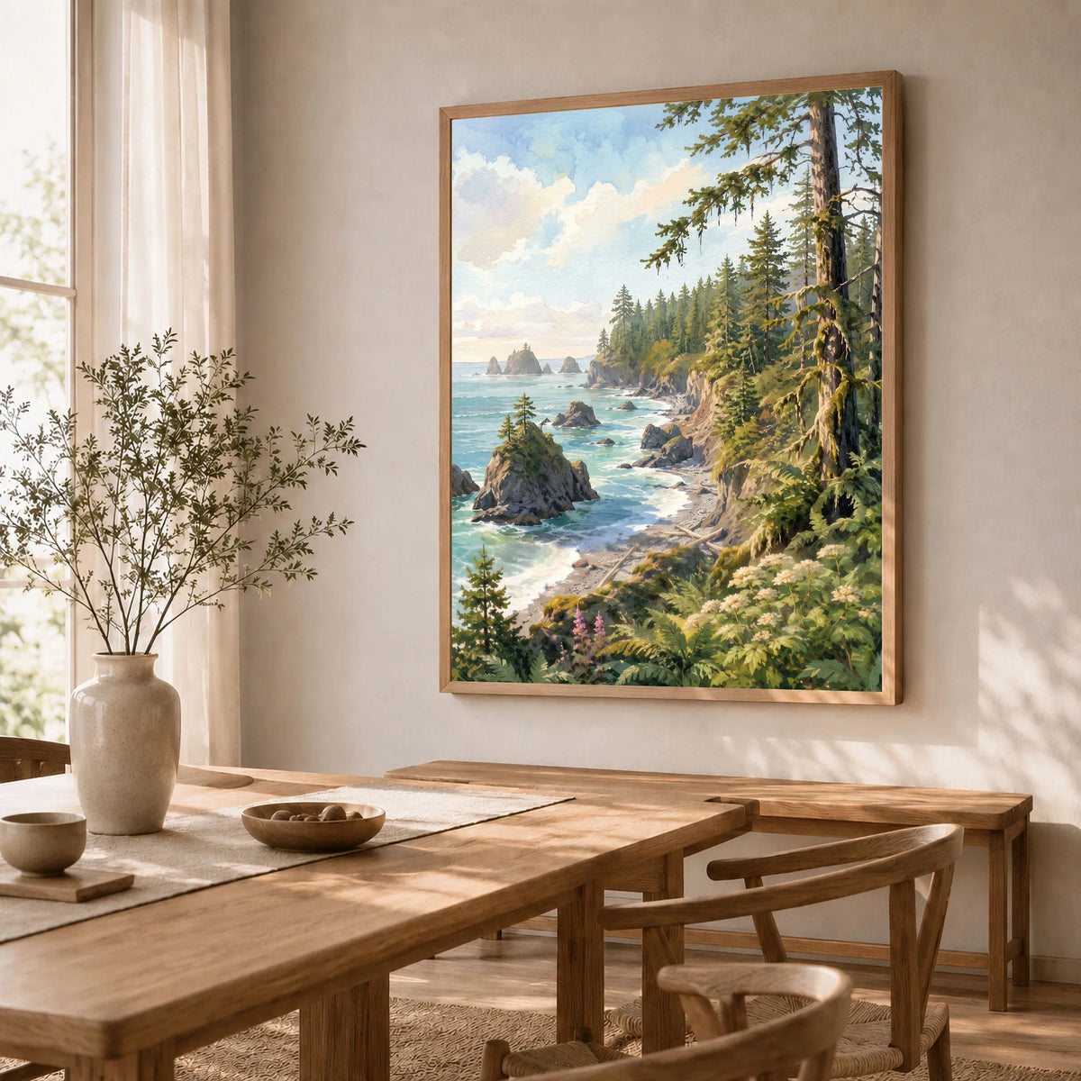 Olympic National Park rugged coast and sea stacks watercolour art print in a natural wood frame in a dining room
