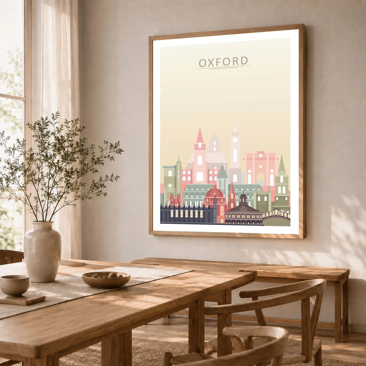 Oxford city skyline art print in a natural wood frame in a dining room