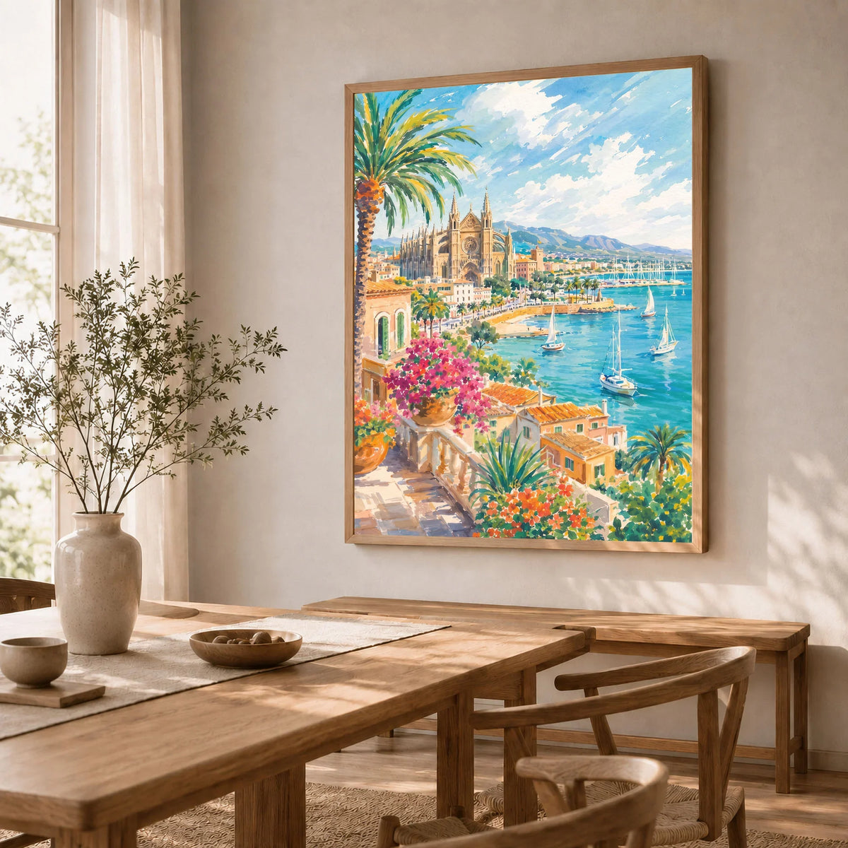 Palma La Seu cathedral and bay watercolour art print in a natural wood frame in a dining room