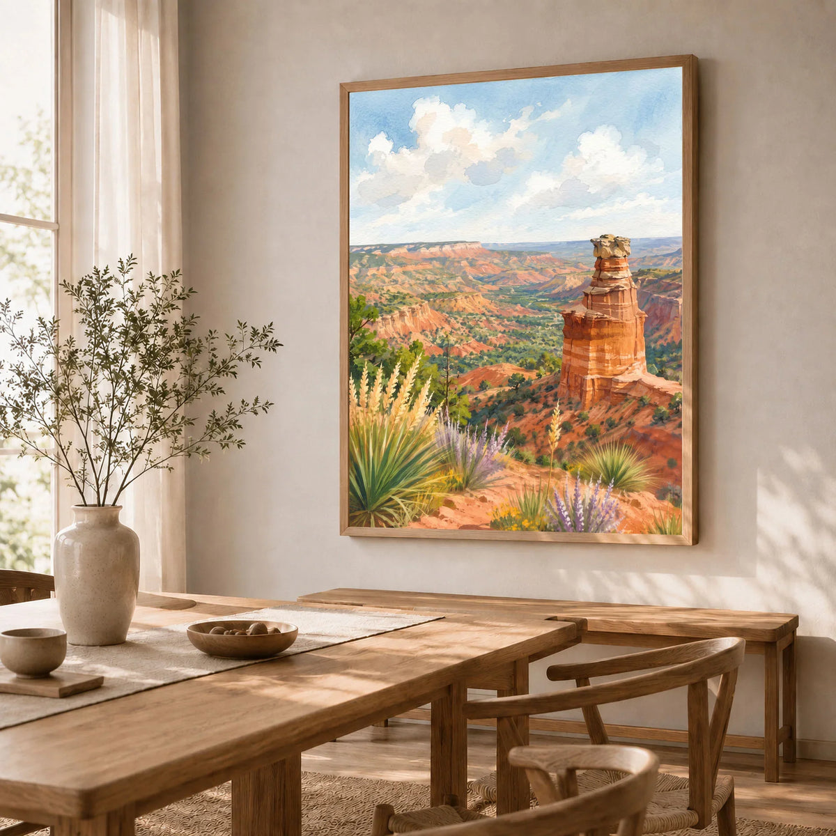 Palo Duro Canyon State Park Lighthouse rock formation watercolour art print in a natural wood frame in a dining room