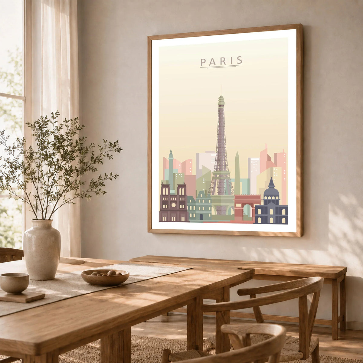 Paris city skyline art print in a natural wood frame in a dining room