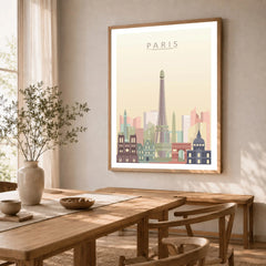 Paris city skyline art print in a natural wood frame in a dining room