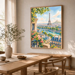 Paris Eiffel Tower and the Seine watercolour art print in a natural wood frame in a dining room