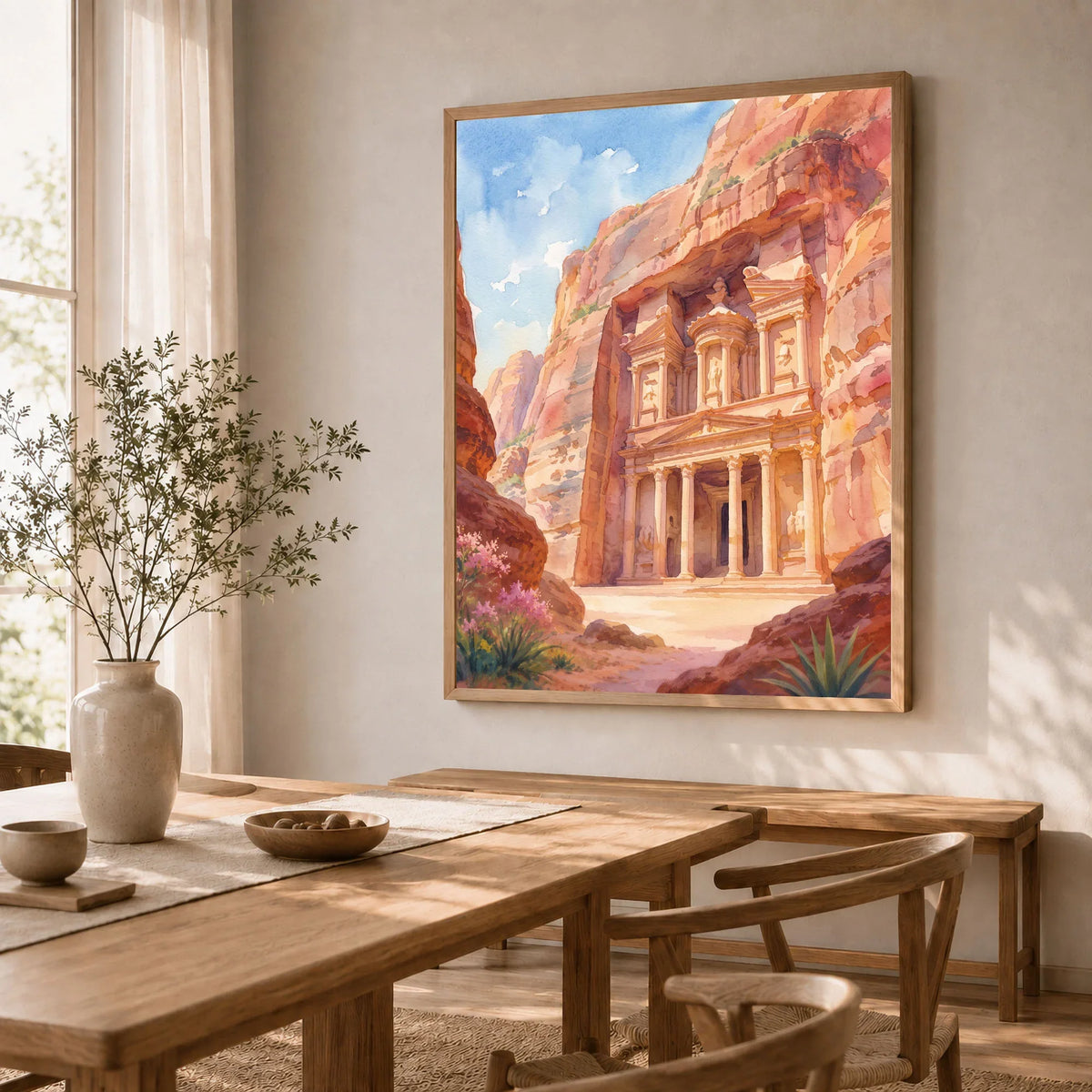 Petra Treasury in the rock watercolour art print in a natural wood frame in a dining room
