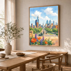 Philadelphia skyline and Ben Franklin Parkway watercolour art print in a natural wood frame in a dining room
