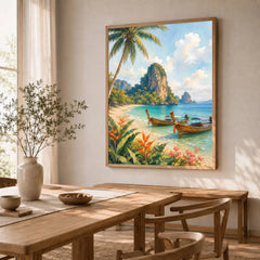 Phuket longtail boats and limestone cliffs watercolour art print in a natural wood frame in a dining room