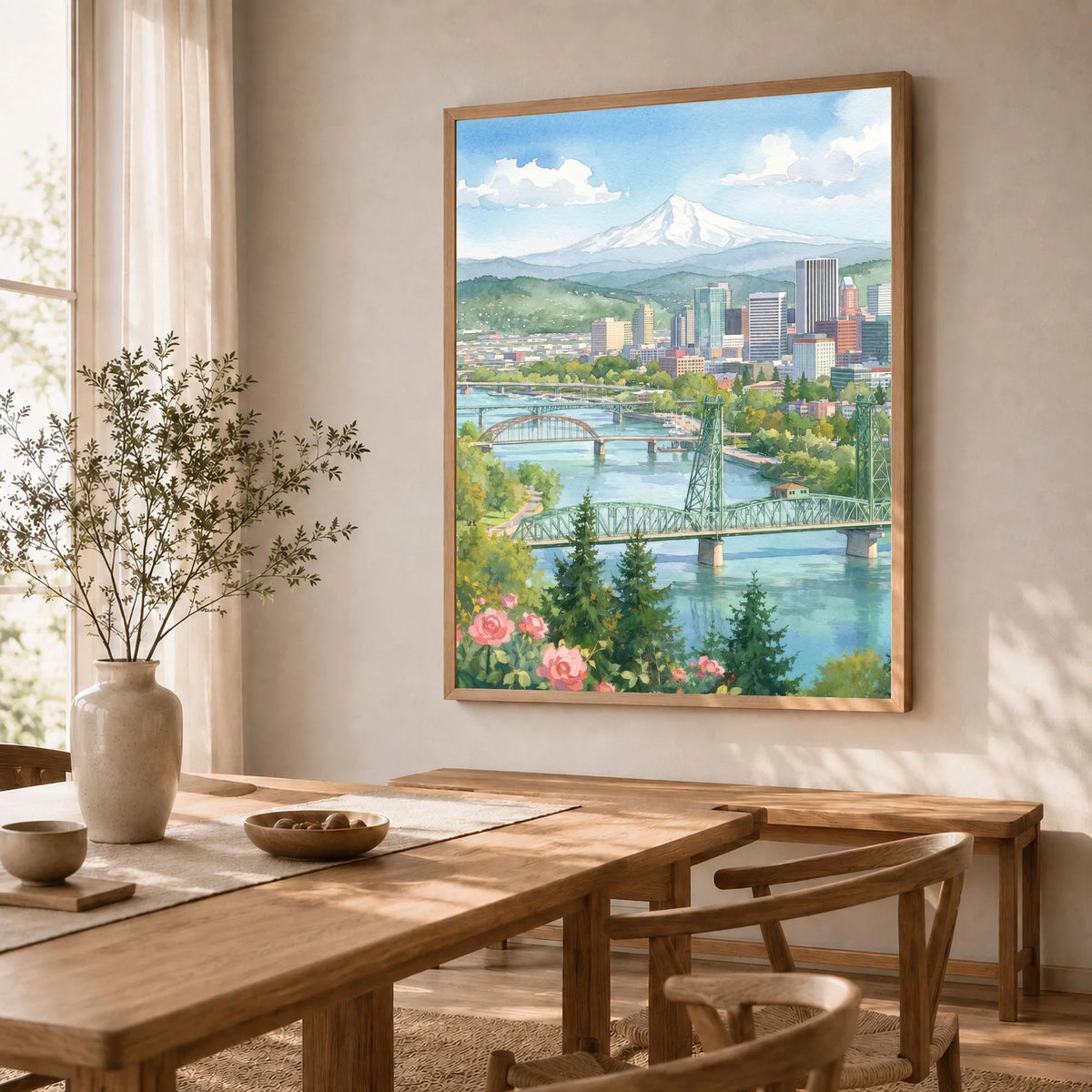 Portland Mount Hood and Willamette bridges watercolour art print in a natural wood frame in a dining room