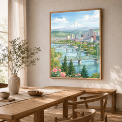 Portland Mount Hood and Willamette bridges watercolour art print in a natural wood frame in a dining room