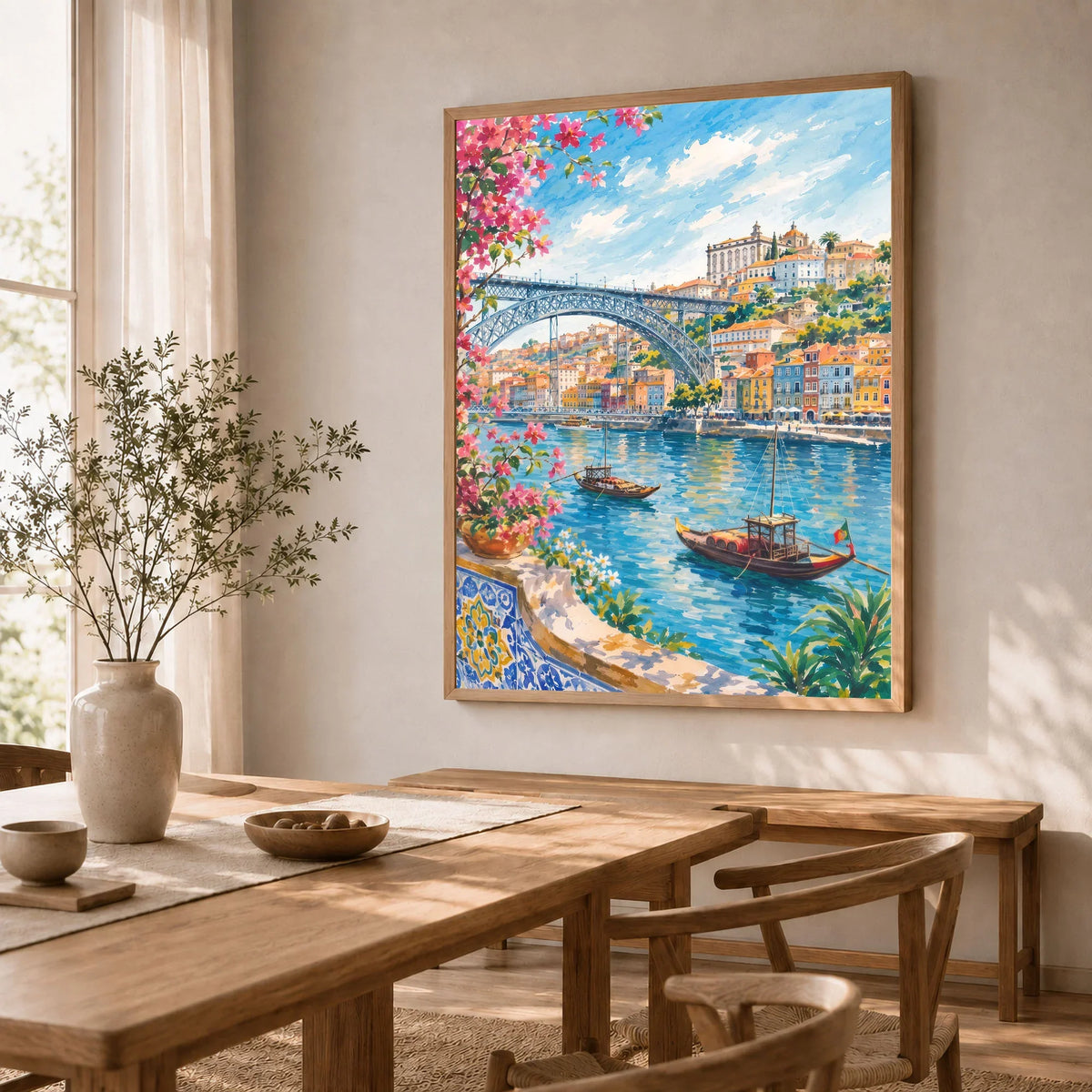 Porto Dom Luís I Bridge and rabelo boats watercolour art print in a natural wood frame in a dining room