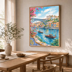 Porto Dom Luís I Bridge and rabelo boats watercolour art print in a natural wood frame in a dining room