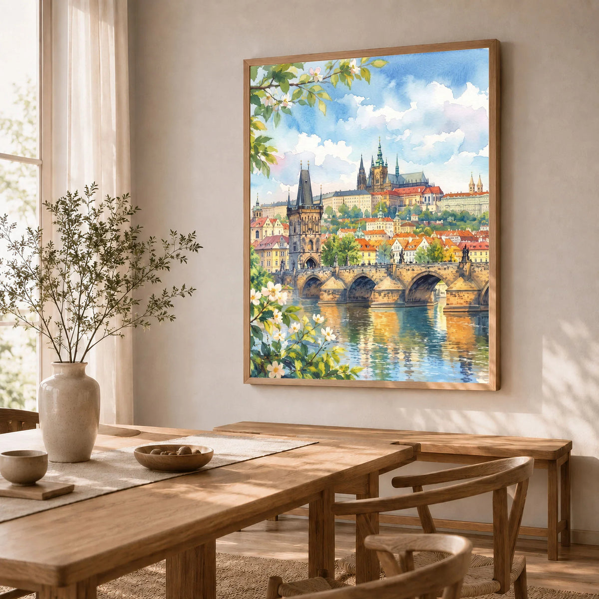 Prague Charles Bridge and Prague Castle watercolour art print in a natural wood frame in a dining room