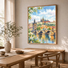 Prague Charles Bridge and Prague Castle watercolour art print in a natural wood frame in a dining room