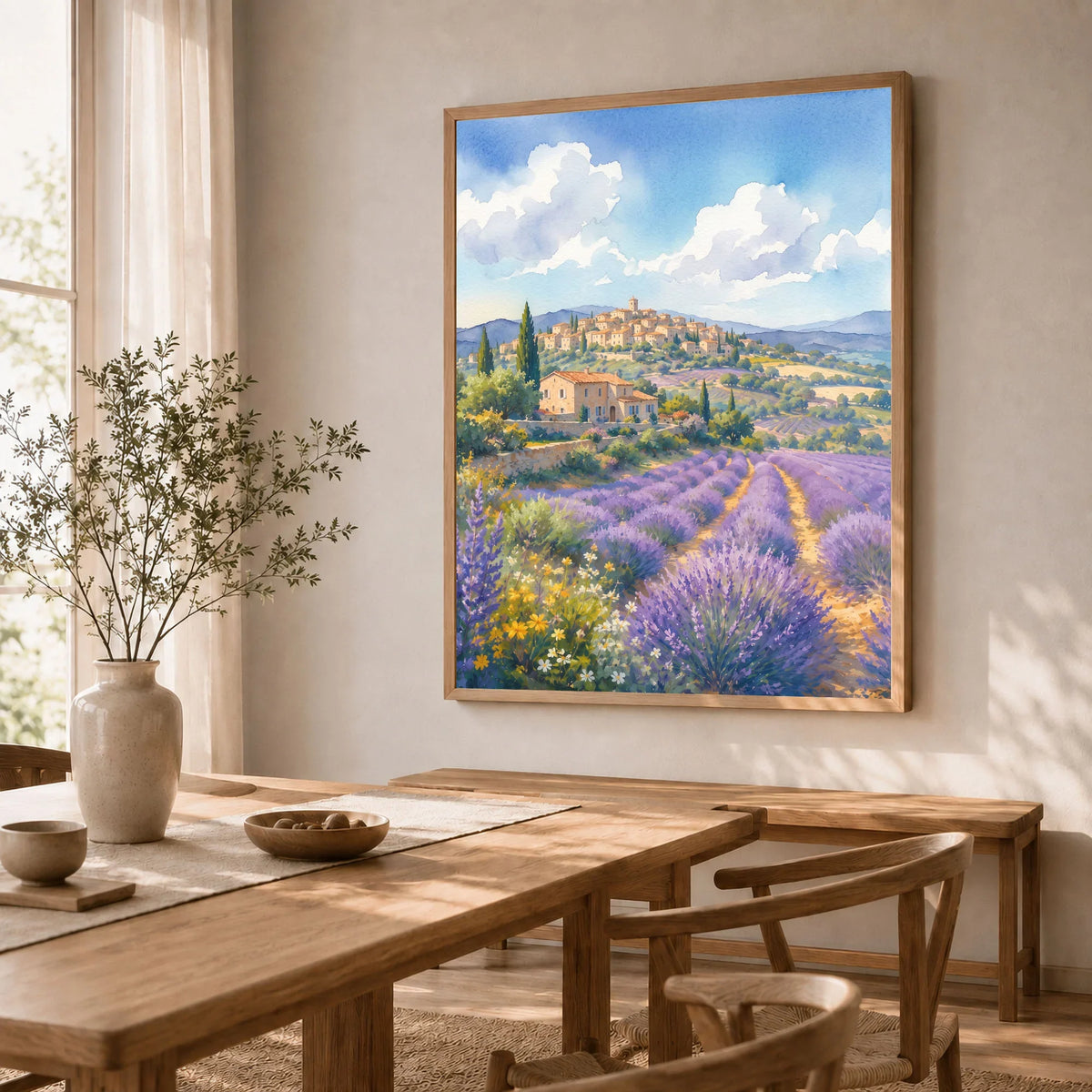 Provence lavender fields and hilltop village watercolour art print in a natural wood frame in a dining room
