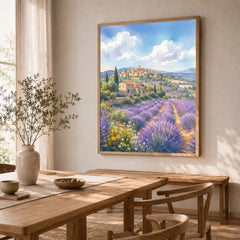 Provence lavender fields and hilltop village watercolour art print in a natural wood frame in a dining room