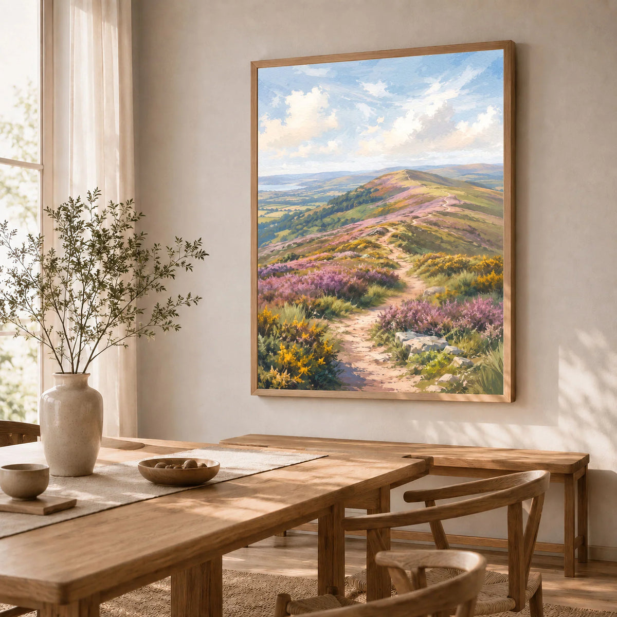 Quantock Hills heather hilltop path watercolour art print in a natural wood frame in a dining room