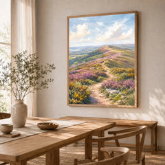 Quantock Hills heather hilltop path watercolour art print in a natural wood frame in a dining room