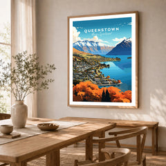 Queenstown New Zealand Lake Wakatipu in autumn vintage travel poster in a natural wood frame in a dining room