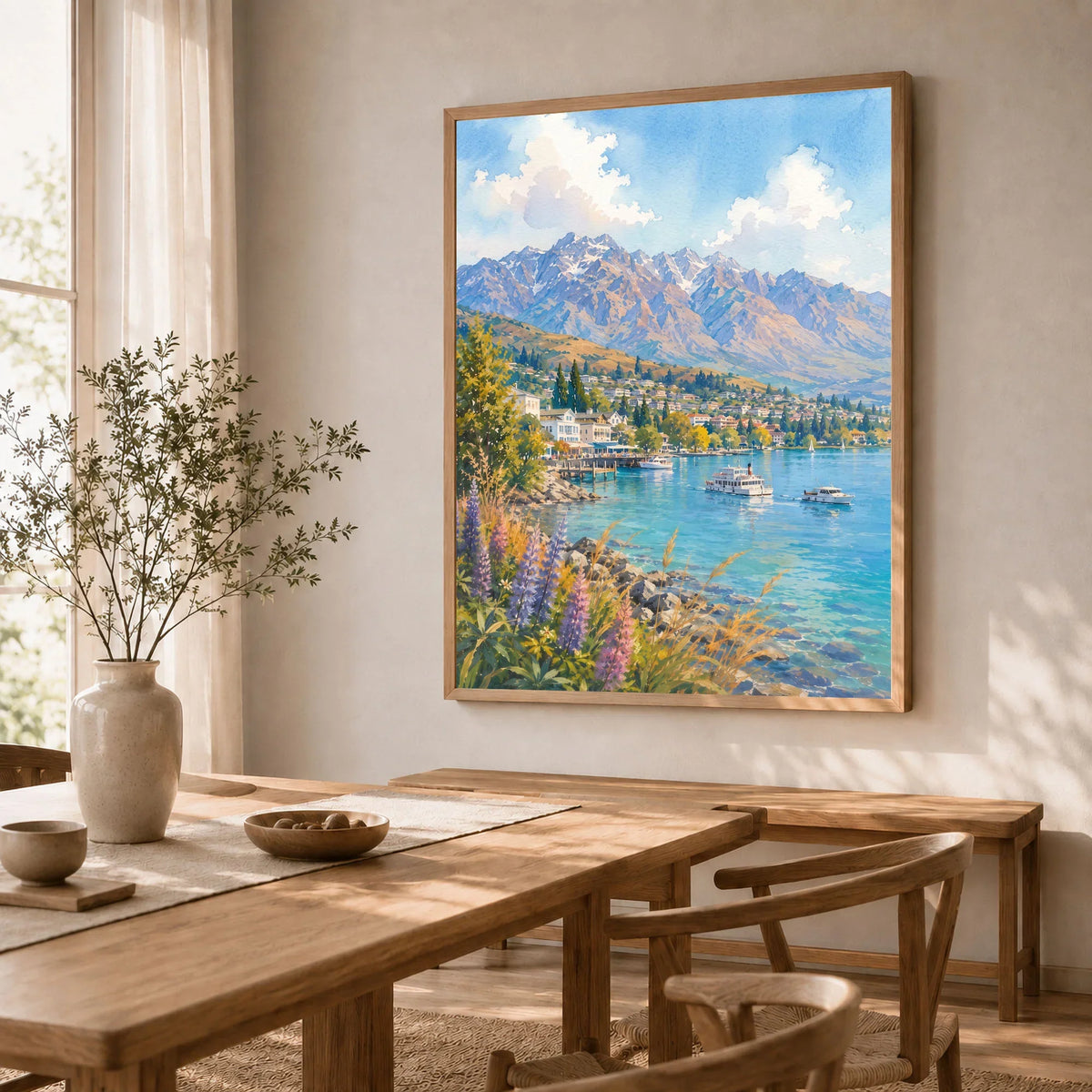 Queenstown Lake Wakatipu, Remarkables and lupins watercolour art print in a natural wood frame in a dining room