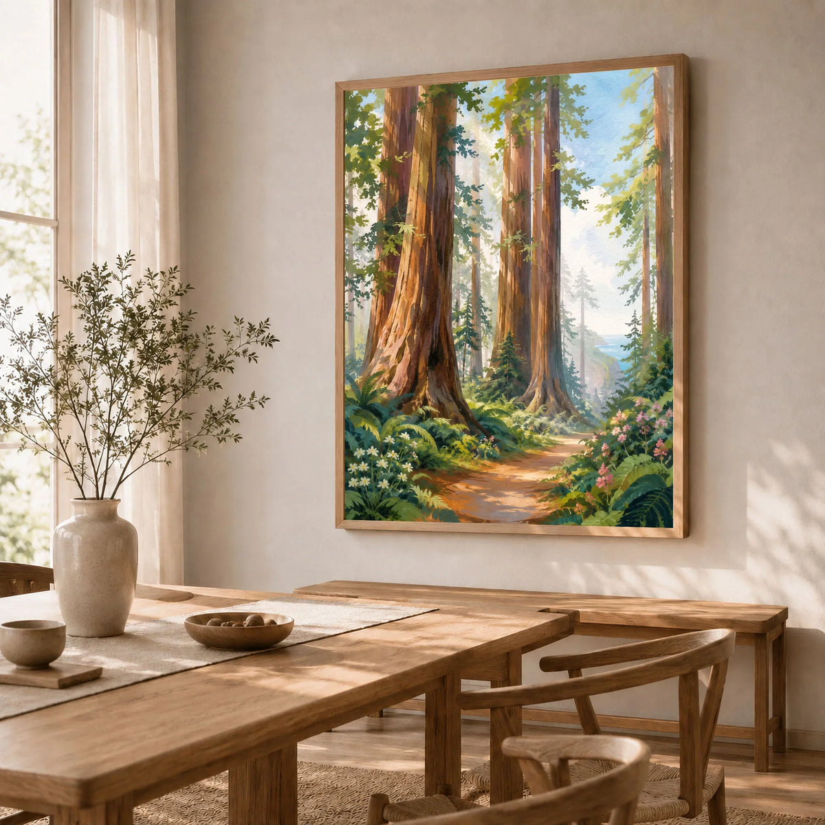 Redwood National Park giant redwoods and forest trail watercolour art print in a natural wood frame in a dining room