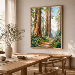 Redwood National Park giant redwoods and forest trail watercolour art print in a natural wood frame in a dining room