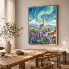 Reykjavik Hallgrímskirkja and northern lights watercolour art print in a natural wood frame in a dining room