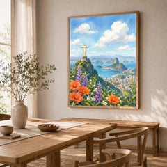 Rio de Janeiro Christ the Redeemer and Sugarloaf watercolour art print in a natural wood frame in a dining room