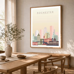 Rochester city skyline art print in a natural wood frame in a dining room