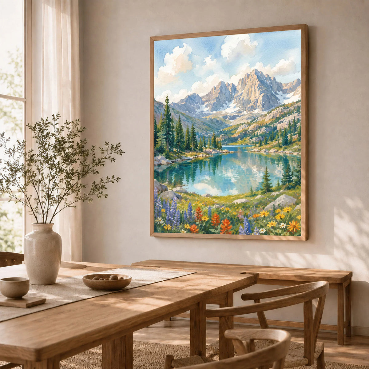 Rocky Mountain National Park alpine lake below rugged peaks watercolour art print in a natural wood frame in a dining room