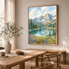 Rocky Mountain National Park alpine lake below rugged peaks watercolour art print in a natural wood frame in a dining room