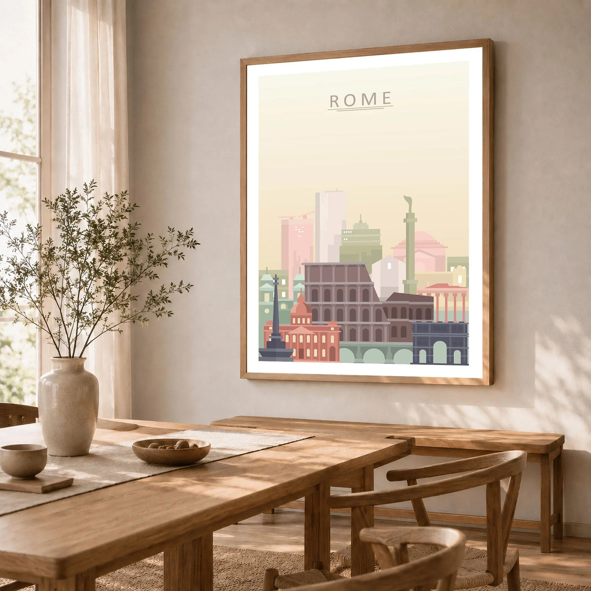 Rome city skyline art print in a natural wood frame in a dining room