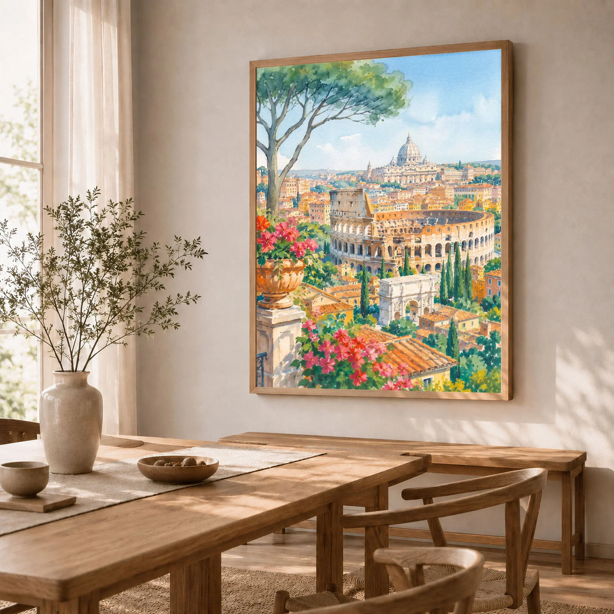 Rome Colosseum and St Peter's dome watercolour art print in a natural wood frame in a dining room