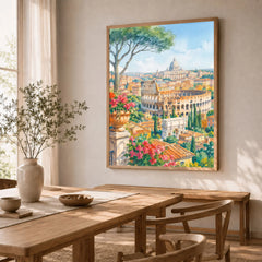 Rome Colosseum and St Peter's dome watercolour art print in a natural wood frame in a dining room